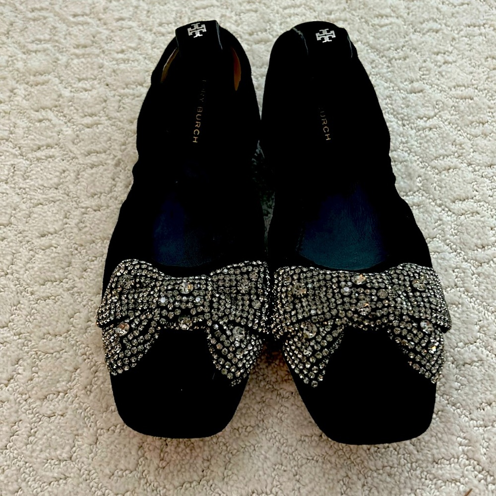 Tory Burch Black Crystal Bow Suede Ballet Flats